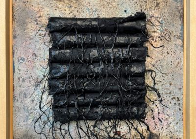 REMNANTS, 12x12, Encaustic on panel w frbric and thread, Framed